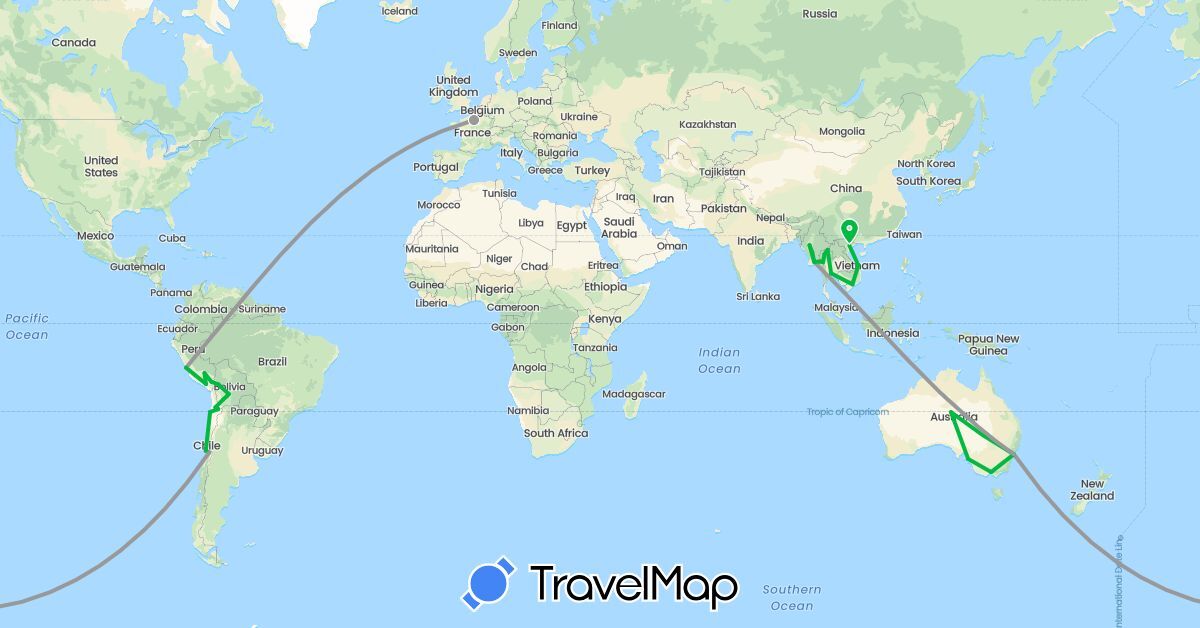 TravelMap itinerary: driving, bus, plane in Australia, Bolivia, Chile, France, Myanmar (Burma), Peru, Thailand, Vietnam (Asia, Europe, Oceania, South America)